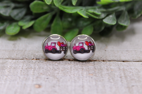 Pink Tractor Hauling Hearts || Stud Earrings