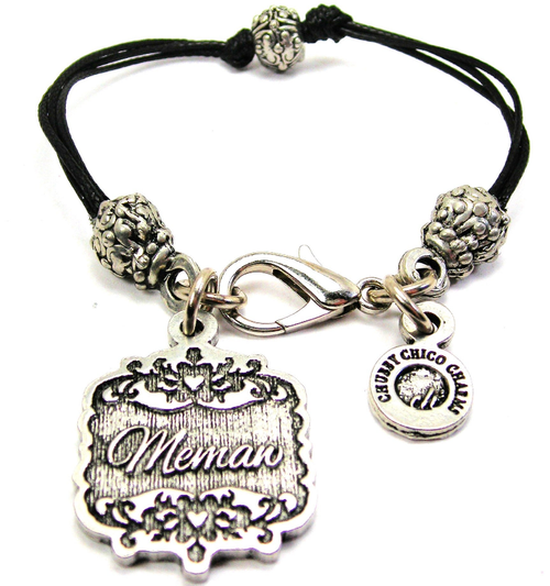 Memaw Victorian Scroll Pewter Beaded Black Cord Bracelet