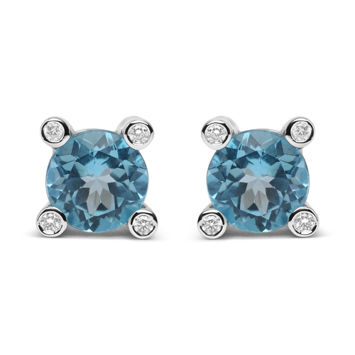18K White Gold 1/10 Cttw Round Bezel Diamond and 10x10mm Round Sky Blue Topaz Gemstone Stud Earrings (G-H Color, I1-I2 Clarity)