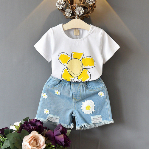 Girls Basic Round Neck Short-Sleeved Floral Print T-Shirt And Denim Shorts Two-Piece Set