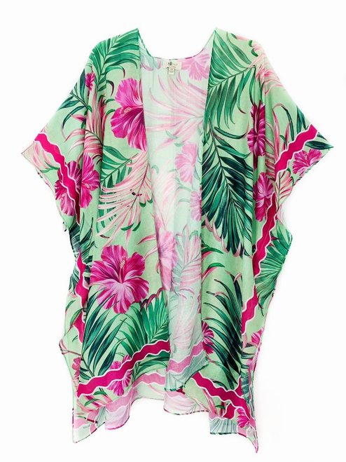 Hot Tropical Flower & Leaf Wave Border Kimono