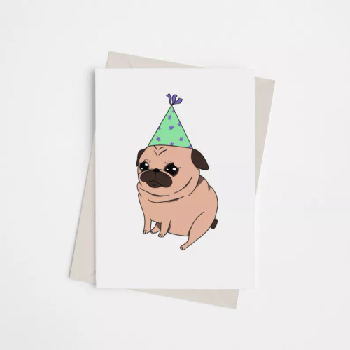 Pug with Party Hat - Greeting Card - 149902309 Pug with Party Hat - Greeting Card - 149902309