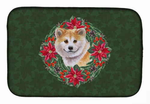Poinsettia Wreath Dog on Dish Drying Mat - S000213B001695P115614V040