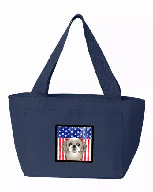 American Flag and Gray Silver Shih Tzu Lunch Bag