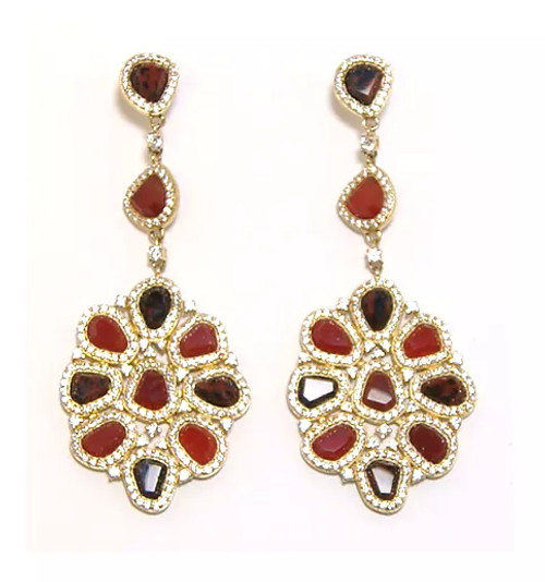 Red & Mahogany Agate Sliced Drop Dangle Earrings 925 Sterling Silver, Yellow Gold
