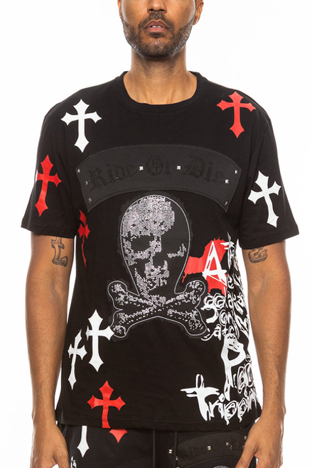 Bejewelled Chrome Skull TShirt - WT4106-BLKRED-3X