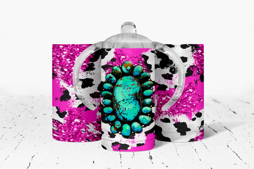 Pink Cow Print Turquoise Insulated Kids Dual Lid Sippy Cup Tumbler