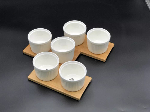 A Set of 3 Bamboo double trays with 6 Fine Porcealin ramekins to match