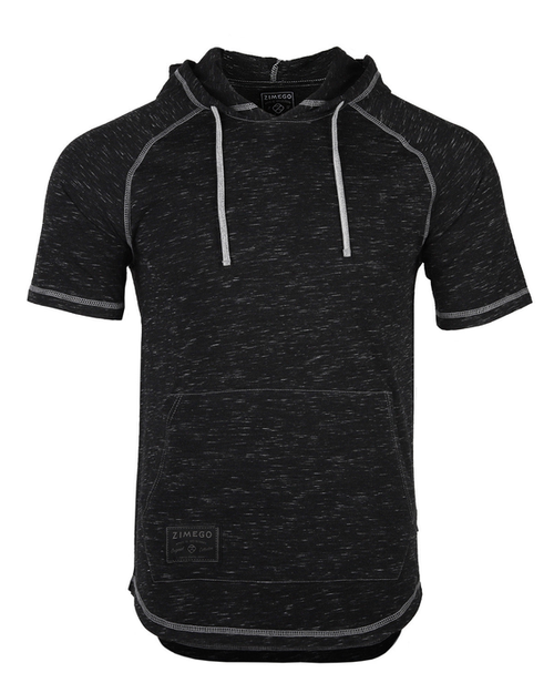ZIMEGO Men's Short Sleeve Raglan Hoodie Round Bottom Semi Longline T-Shirt - ZGSS150H-BLK-BLK-S