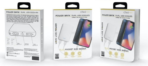 Portable 5,000 mAh Solid Slim Powerbank-  White