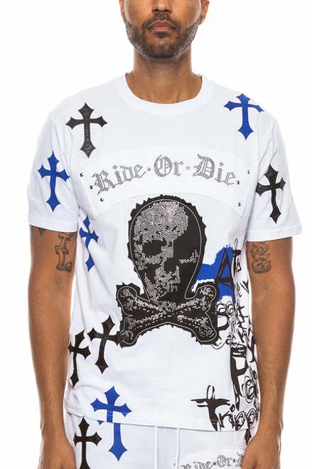 Bejewelled Chrome Skull TShirt - WT4106-WHITEBLUE-L