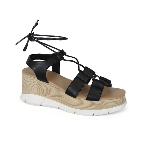 YOKI CARMEL-02 Women's Lace Up Flat form Wedge Sandals - CARMEL-02-BKA