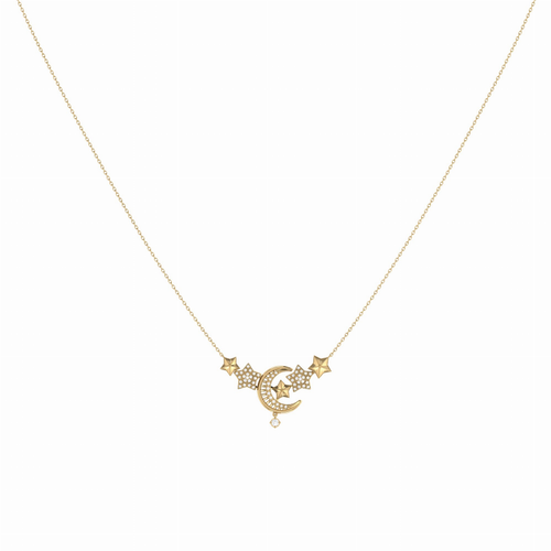 Star Cluster Moon Crescent Diamond Necklace in 14K Yellow Gold Vermeil on Sterling Silver