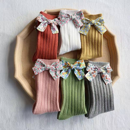 Warm Cotton And Polyamide Knee Socks With Side Floral Bow - S001710B002193P000427V016