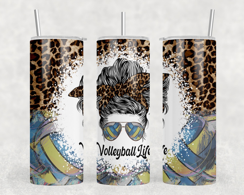 Volleyball Life Leopard Print - 20 oz Steel Skinny Tumbler - Optional Blue Tooth Speaker - Speaker Color will Vary