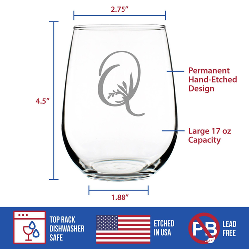 Monogram Floral Q Stemless Wine Glass - Q Initial Gifts