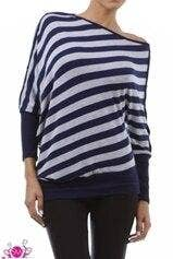 Blue Asymmetric Off Shoulder Striped Sweater With Button Detail Along Sleeve