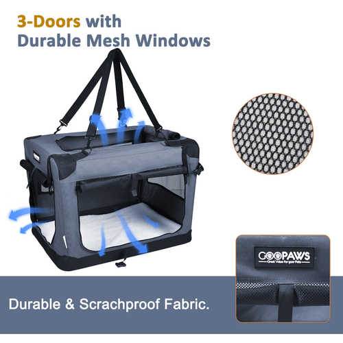 JESPET Soft Pet Crates Kennel, 3 Door Soft Sided Folding Travel Pet Carrier with Straps and Fleece Mat for Dogs, Cats, Rabbits, Indoor/Outdoor Use with Grey, Blue & Beige, Black - S001305B001923P000013V004