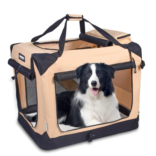 JESPET Soft Pet Crates Kennel, 3 Door Soft Sided Folding Travel Pet Carrier with Straps and Fleece Mat for Dogs, Cats, Rabbits, Indoor/Outdoor Use with Grey, Blue & Beige, Black - S001305B001923P000013V006