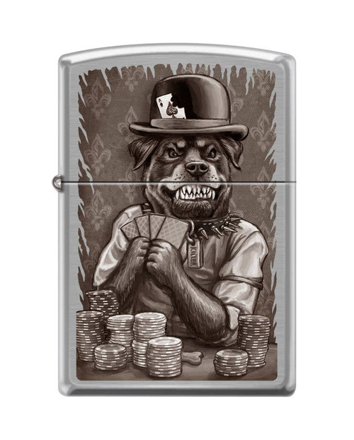 Zippo Poker Dog Rottweiler Casino Brushed Chrome Lighter