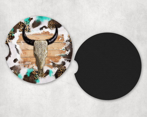 faux cowhide Bull Skull|Car Coaster Set faux cowhide Bull Skull|Car Coaster Set