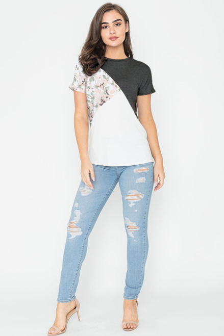 Cross Front & Peach Floral Color Block Top - F3-Eloges-900