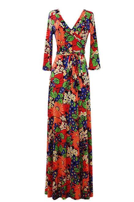 Floral Print 3/4 Sleeves Maxi Wrap Long Dress Orange - SKU-25C1B5A7