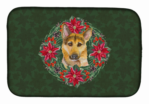 Poinsettia Wreath Dog on Dish Drying Mat - S000213B001695P115615V030