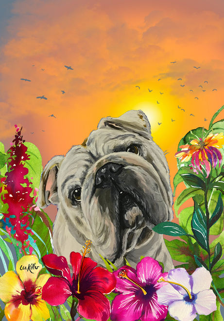English Bull Dog - Hippie Hound Studios Tropical Summer  House and Garden Flags