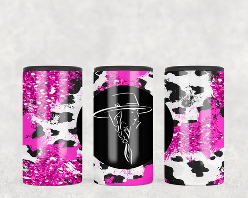 Pink Cow Print Cowgirl  Steel can hugger - optional speaker