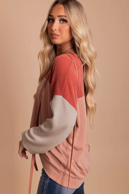 Rachel Block Long Sleeve Ribbed Loose Top