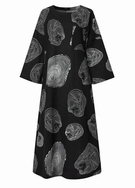 Handmade- 100% Linen Black Wood Pattern Design Dress