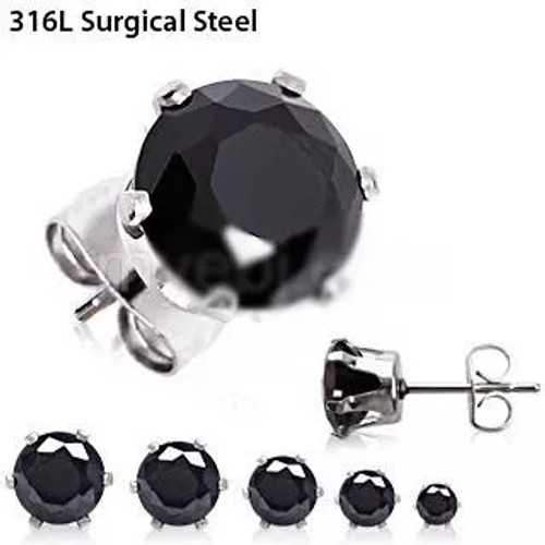 Pair of 316L Surgical Steel Black Round CZ Stud Earrings - ers002-3 Pair of 316L Surgical Steel Black Round CZ Stud Earrings - ers002-3