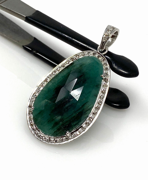 Emerald Diamond Pendant, Natural Emerald Sterling Silver Pendant, May Birthstone Pendant, Pave Diamond Pendant, 1.75" x 0.90"