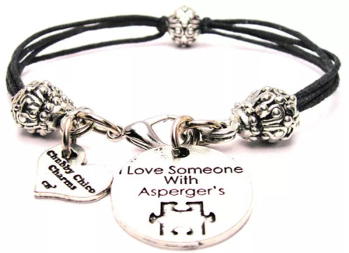 I Love Someone With Asperger's Pewter Beaded Black Cord Bracelet