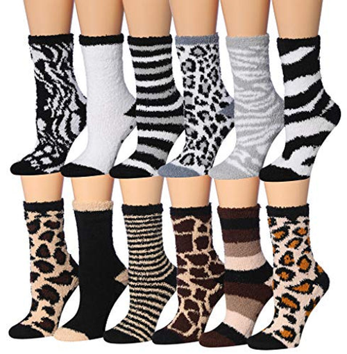Tipi Toe Women's 12-Pairs Snowflake Winter Prints Anti-Skid Fuzzy Winter Crew Socks