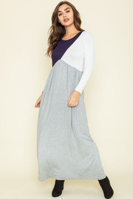 Color Block Long Sleeve Maxi Dress - F3-Eloges-713