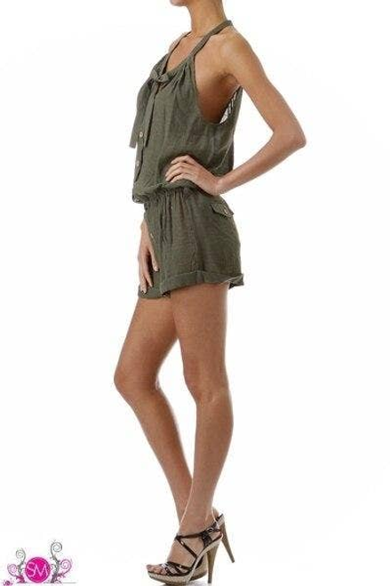 Button Down Sleeve Romper With Wooder Buttons