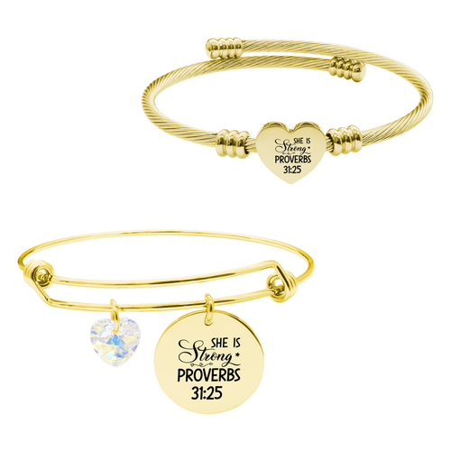 14k Gold Plated Wire Bangle With Heart Austrian Crystal And Heart Cable Set By Pink Box Part 2 - 23.SET-SWABNGL.OHC-SVG.SHEISSTRONG-GLD