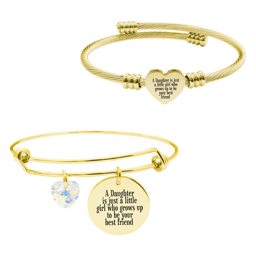 14k Gold Plated Wire Bangle With Heart Austrian Crystal And Heart Cable Set By Pink Box Part 2 - 23.SET-SWABNGL.OHC-OBEYOUTIFUL-GLD