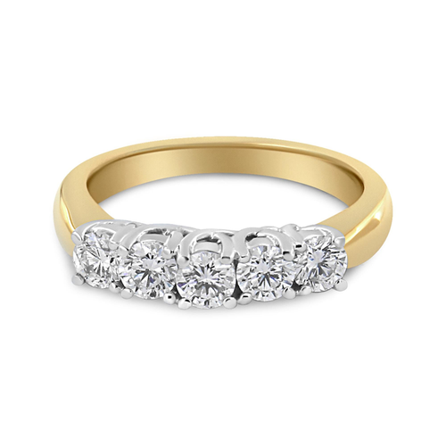 18K Yellow Gold 1.0 Cttw 4 Prong Set Round Cut Diamond Step up 5 Stone Ring Band (F-G Color, SI1-SI2 Clarity)