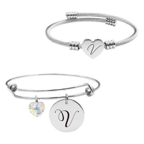 Pink Box Reversible Initial Bracelet Set With Austrian Heart Crystals - SET.SWASTRBNGL.OHC-V