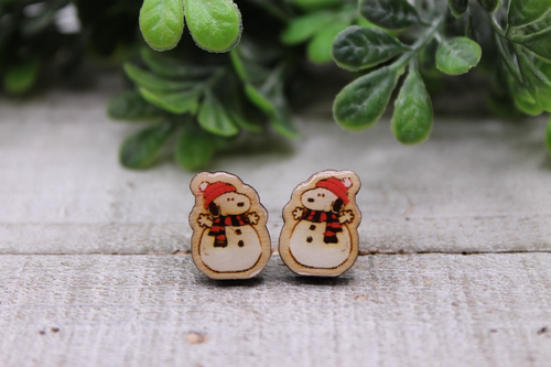 Snowman Snoopy || Wood Stud Earrings