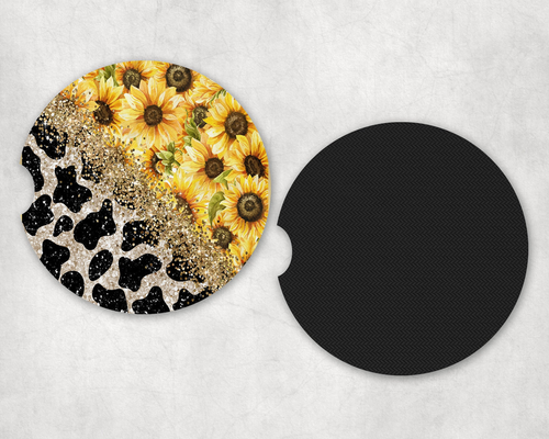 Cow Print Sunflower Neoprene Car Coaster Set