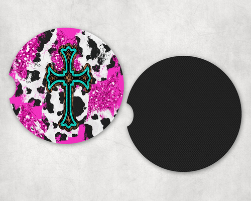 Pink Cow Print Cross Neoprene Car Coaster Set