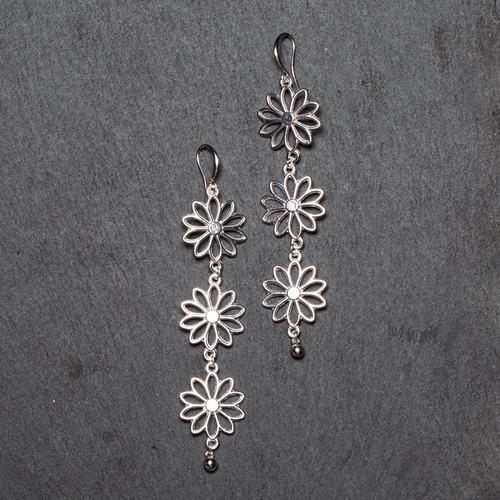 Triple Flower Drop Earrings In Silver Plate Triple Flower Drop Earrings In Silver Plate