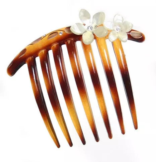Tortoise Shell French Twist Hair Comb with Rhinestone Roses - 2177-11