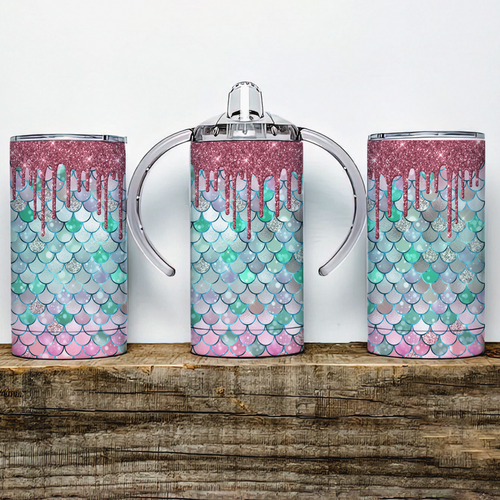 Mermaid faux glitter Drip  Insulated Kids Dual Lid Sippy Cup Tumbler
