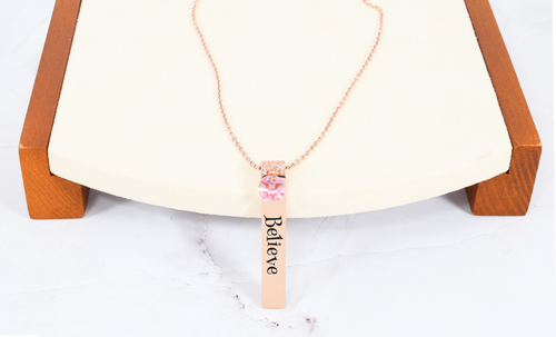 Inspirational Vertical Bar Necklace With Pink Crystal In Rose Gold - FLATBARBELIEVEPNKRGD Inspirational Vertical Bar Necklace With Pink Crystal In Rose Gold - FLATBARBELIEVEPNKRGD