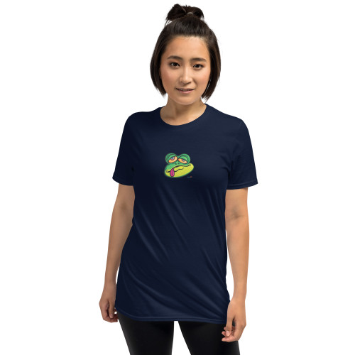 Woman dealing with a tricky hair day is wearing a navy blue tee that features an original illustration of a crazed frog